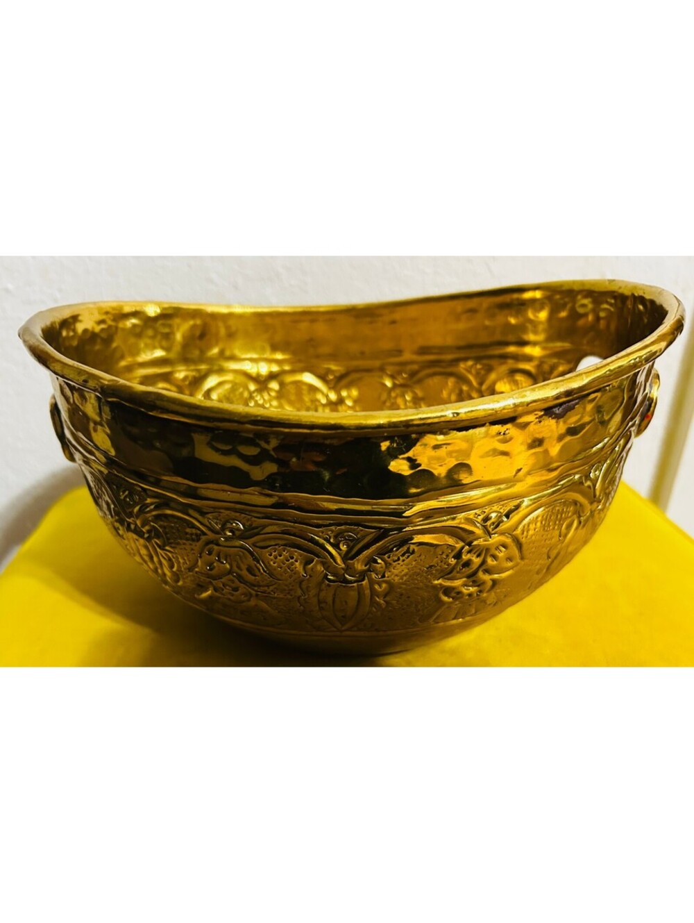 Vintage Hand-Hammered Brass Oval Planter Bowl with Integrated Handles